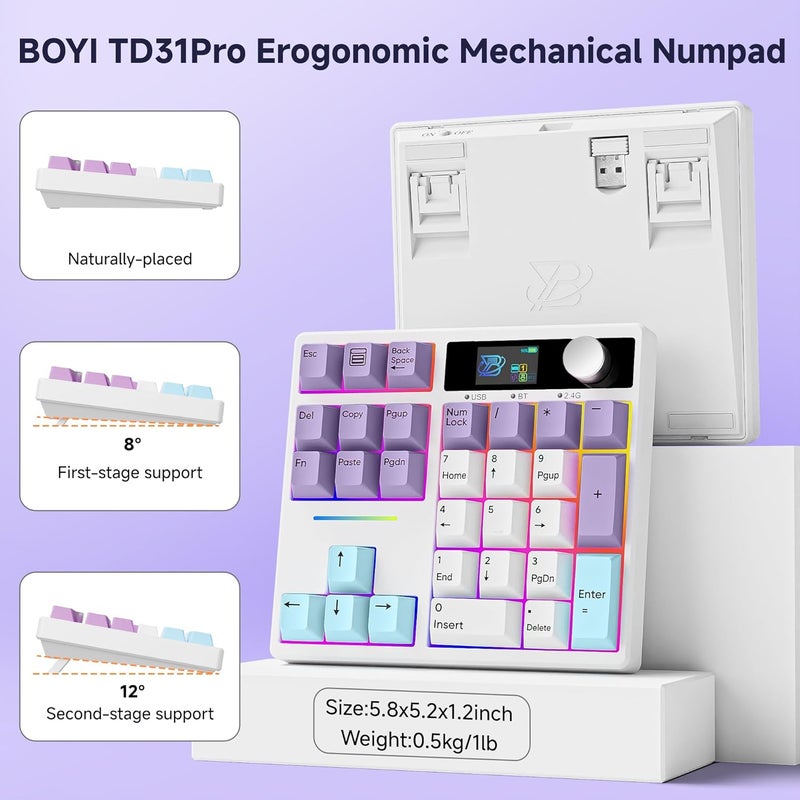 Boyi TD31Pro Mechanical Number Pad,Bluetooth5.0/2.4G/Type-C Wireless Numeric Keypad,RGB HotSwap Numpad with Screen&Knob,PBT Keycap Rechargeable Gasket Number keypad for PC Laptop Desktop(White-Purple) - Image 5